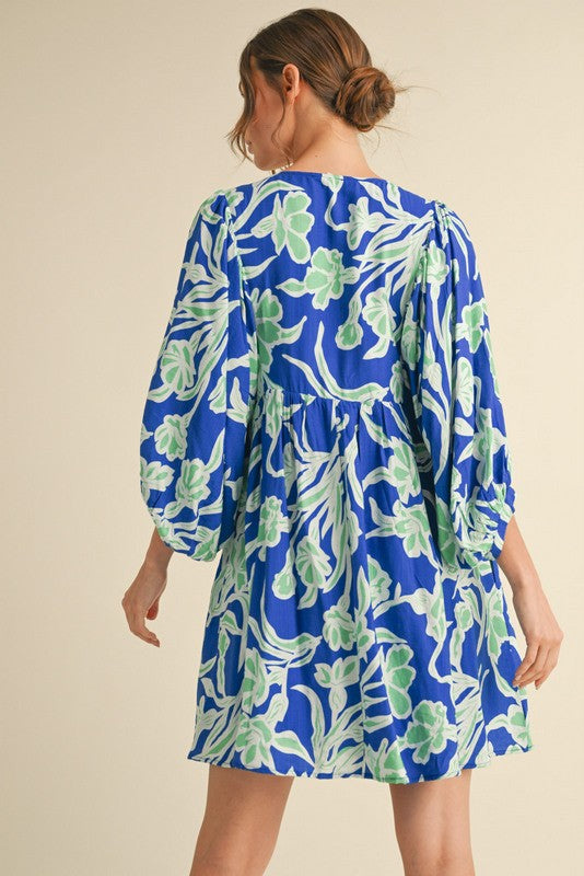 Royal Blue Print 3/4 Balloon Sleeve Dress