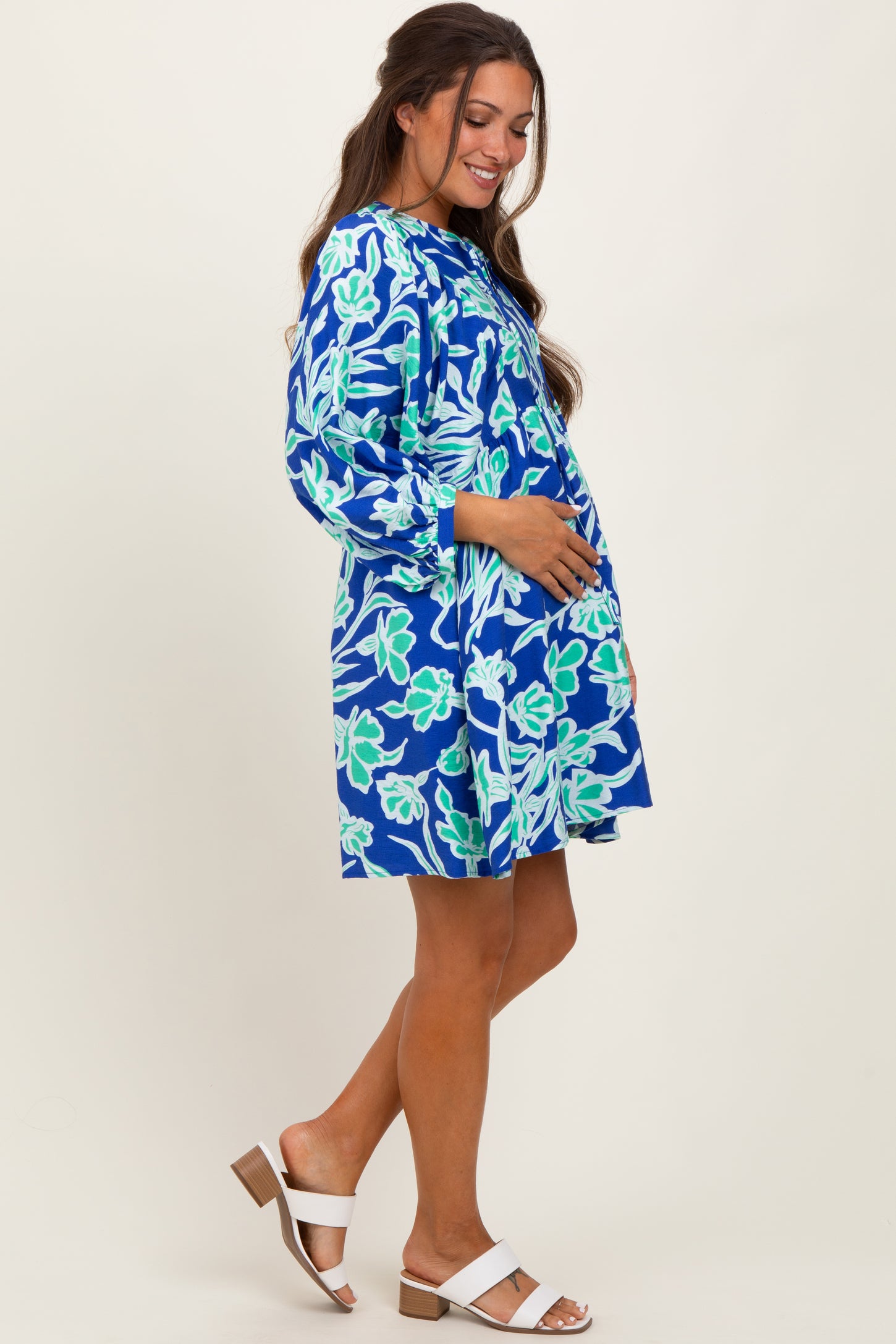 Royal Blue Print 3/4 Balloon Sleeve Maternity Dress