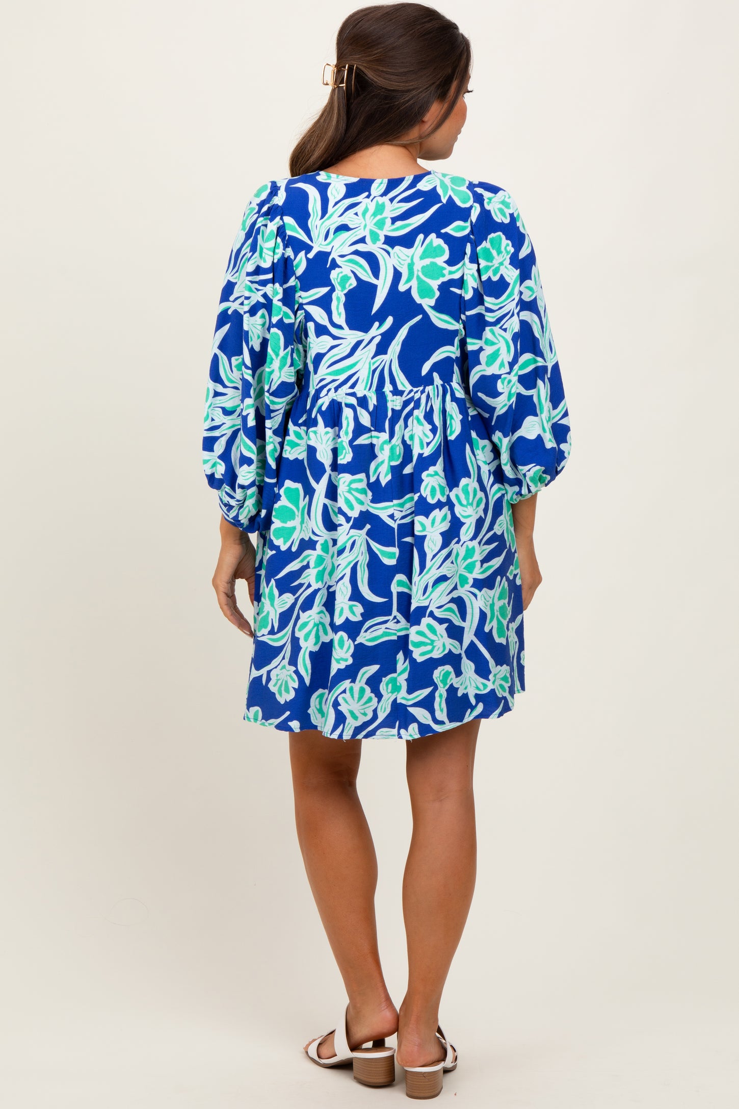 Royal Blue Print 3/4 Balloon Sleeve Maternity Dress