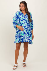 Royal Blue Print 3/4 Balloon Sleeve Maternity Dress