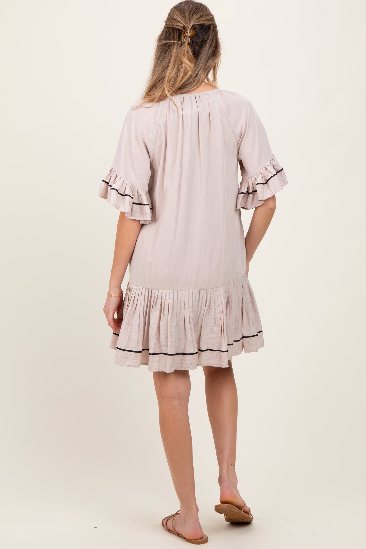 Beige Solid Short Sleeve Pocketed Maternity Dress