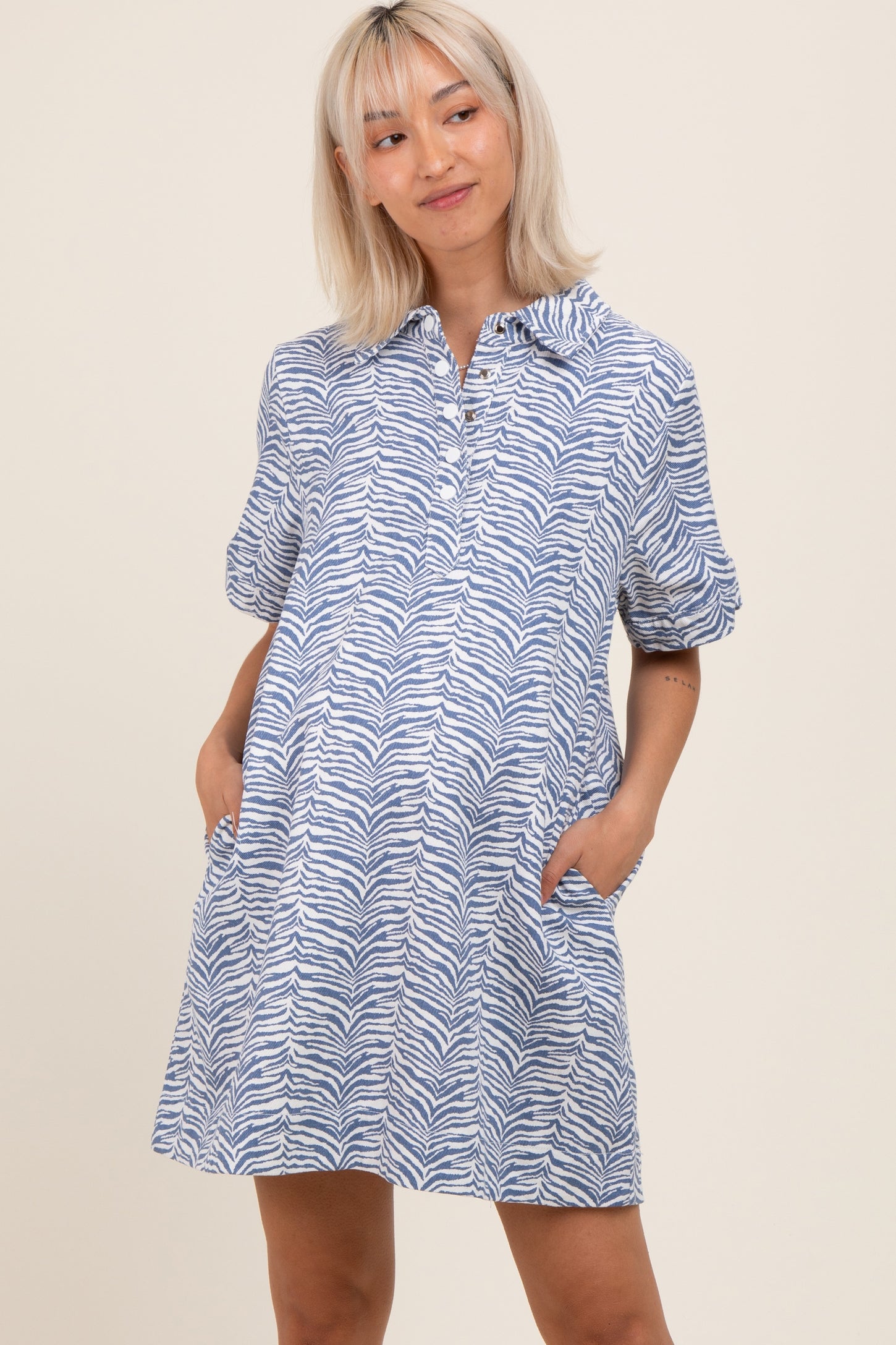 Blue Zebra Print Pocketed Maternity Mini Dress