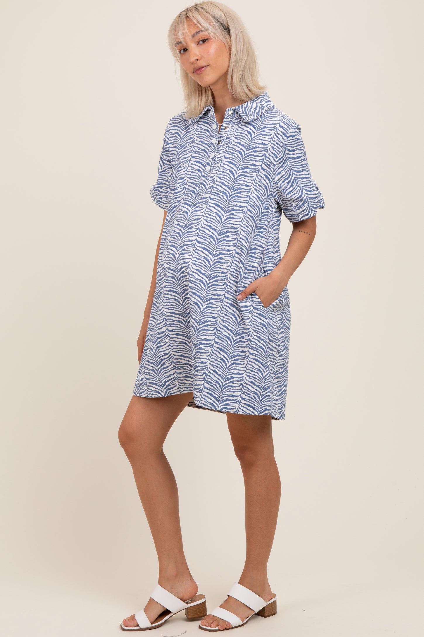 Blue Zebra Print Pocketed Maternity Mini Dress