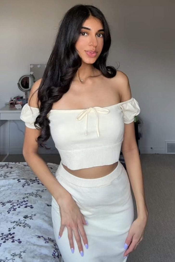 Cream Knit Off Shoulder Crop Top Maxi Skirt Set