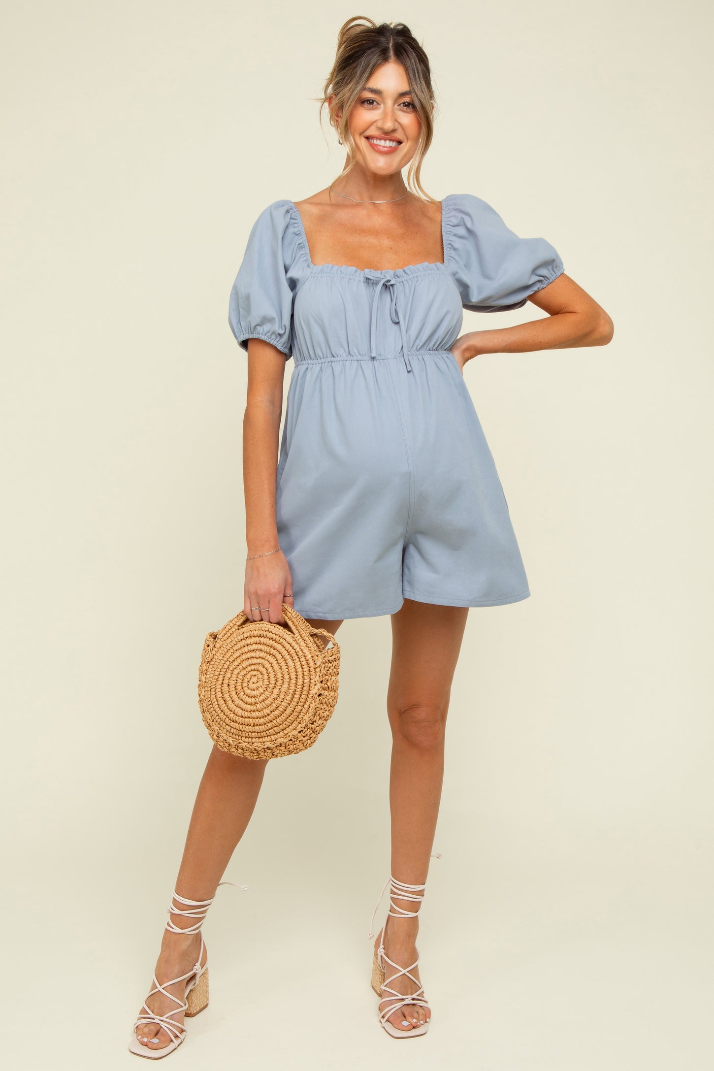 Light Blue Front Tie Maternity Romper