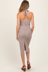 Taupe Striped Halter Neck Maternity Midi Dress