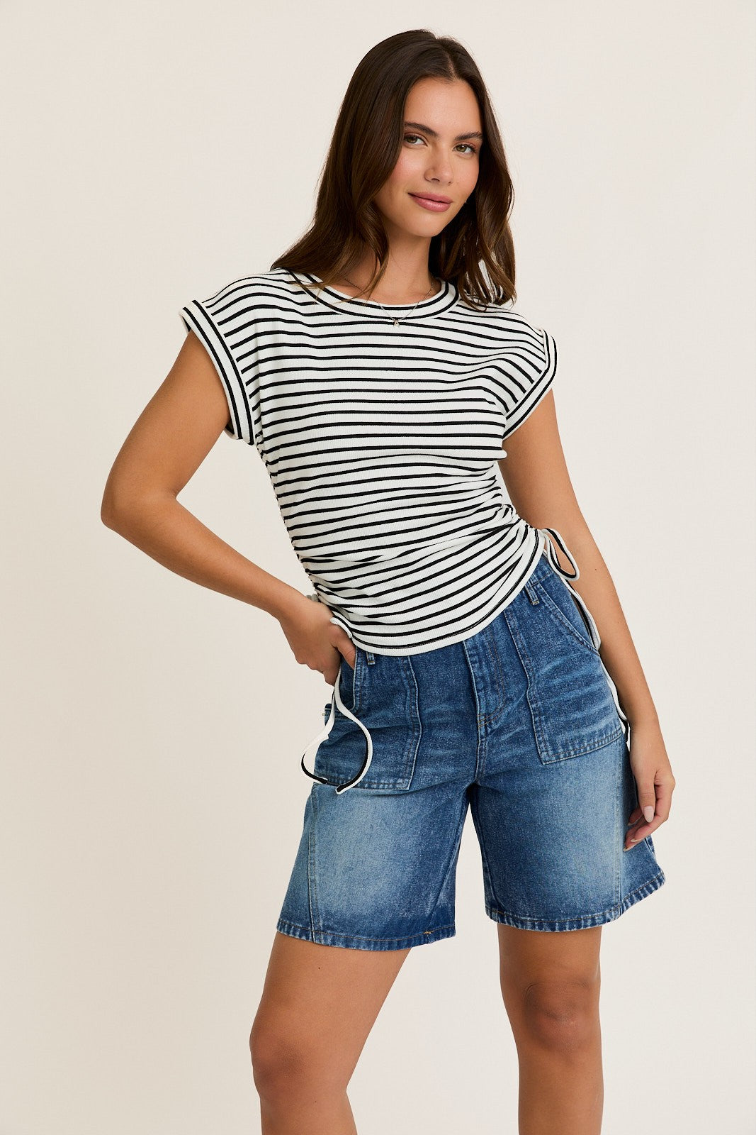 White Striped Ruched Side Tie Top