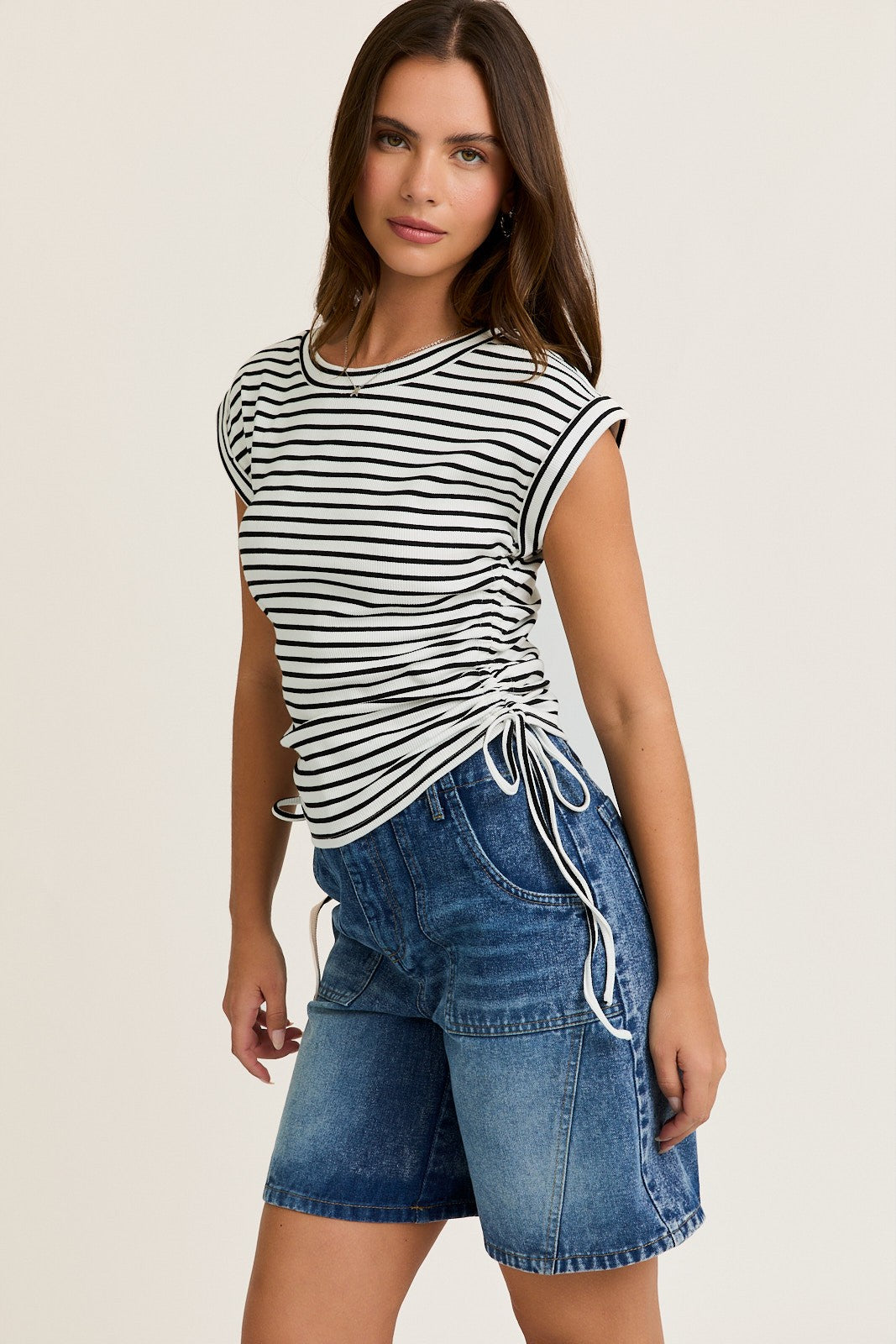 White Striped Ruched Side Tie Maternity Top