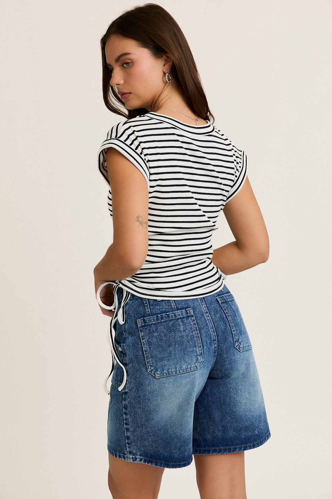 White Striped Ruched Side Tie Top