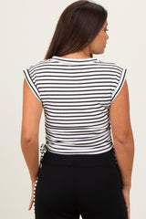 White Striped Ruched Side Tie Maternity Top
