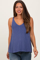 Navy Blue Ribbed V-Neck Flowy Maternity Tank