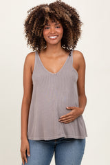 Grey Ribbed V-Neck Flowy Maternity Tank