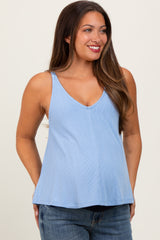 Light Blue Ribbed V-Neck Flowy Maternity Tank