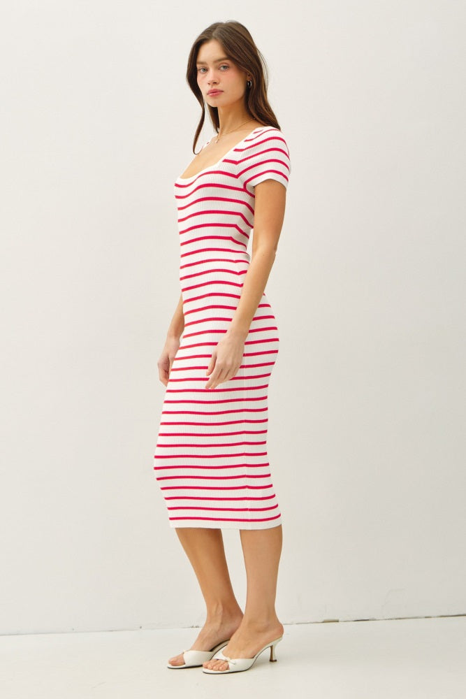 Red Striped Square Neck Short Sleeve Midi Dress