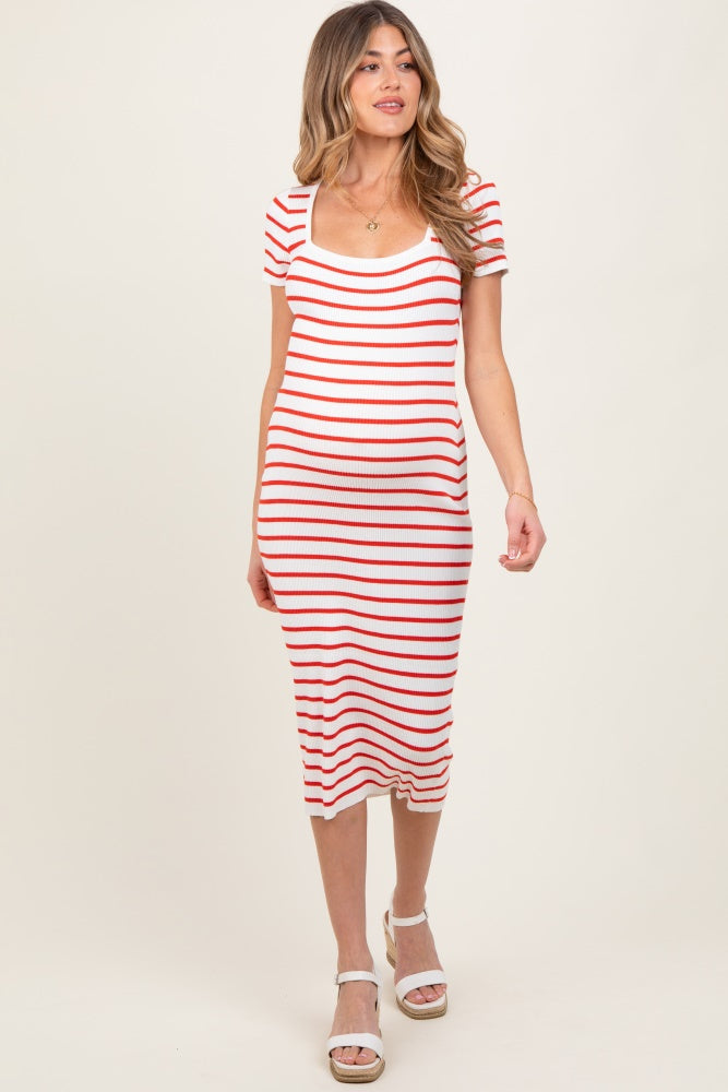 Red Striped Square Neck Short Sleeve Maternity Midi Dress