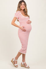 Red Striped Square Neck Short Sleeve Maternity Midi Dress