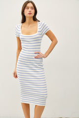 Blue Striped Square Neck Short Sleeve Midi Dress