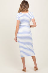 Blue Striped Square Neck Short Sleeve Maternity Midi Dress