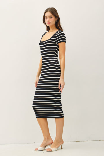 Black Striped Square Neck Short Sleeve Midi Dress