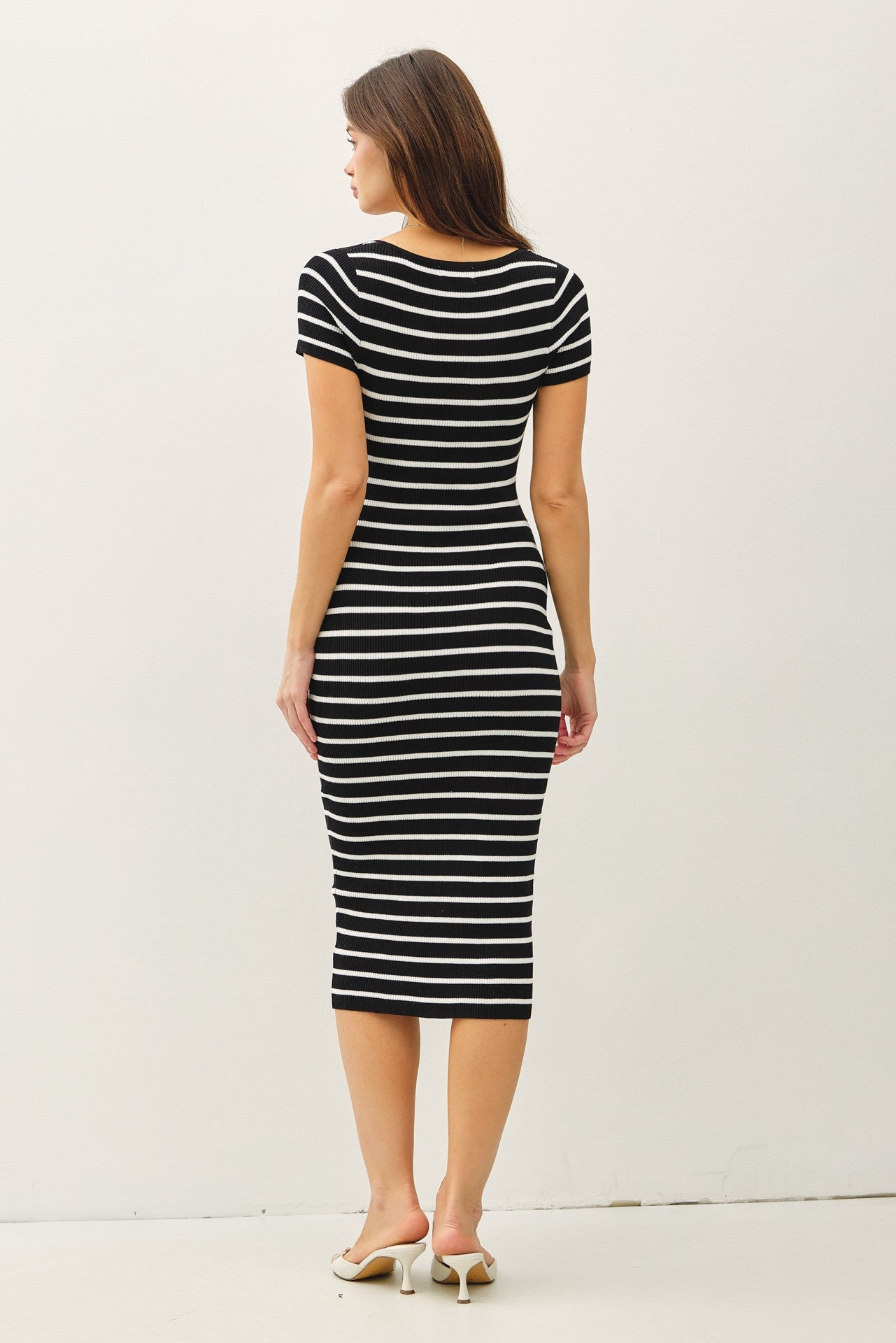 Black Striped Square Neck Short Sleeve Midi Dress