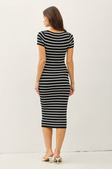 Black Striped Square Neck Short Sleeve Midi Dress