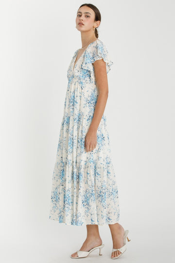 Light Blue Floral Flutter Sleeve Tiered Maxi Dress