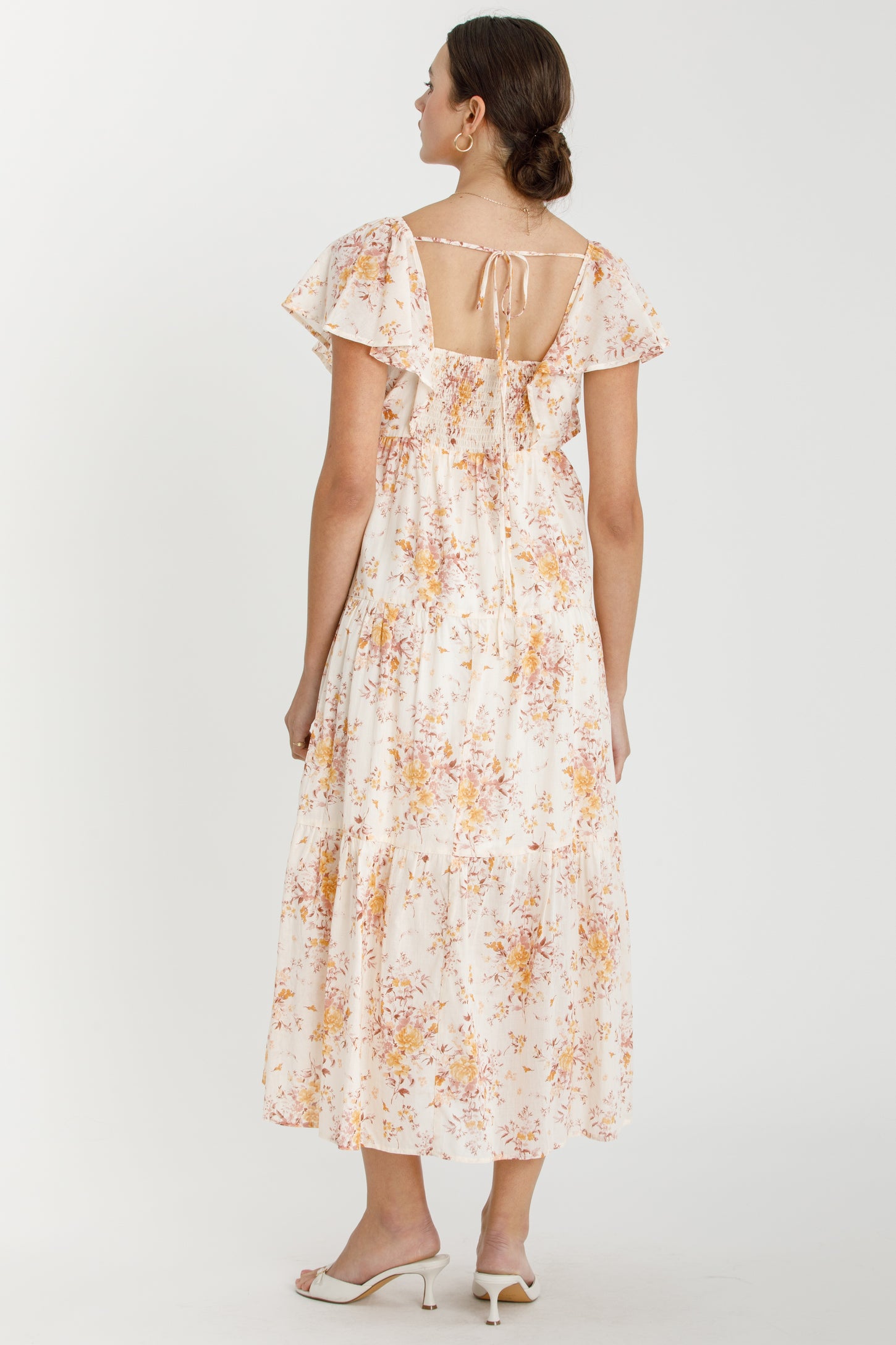 Peach Floral Flutter Sleeve Tiered Maxi Dress