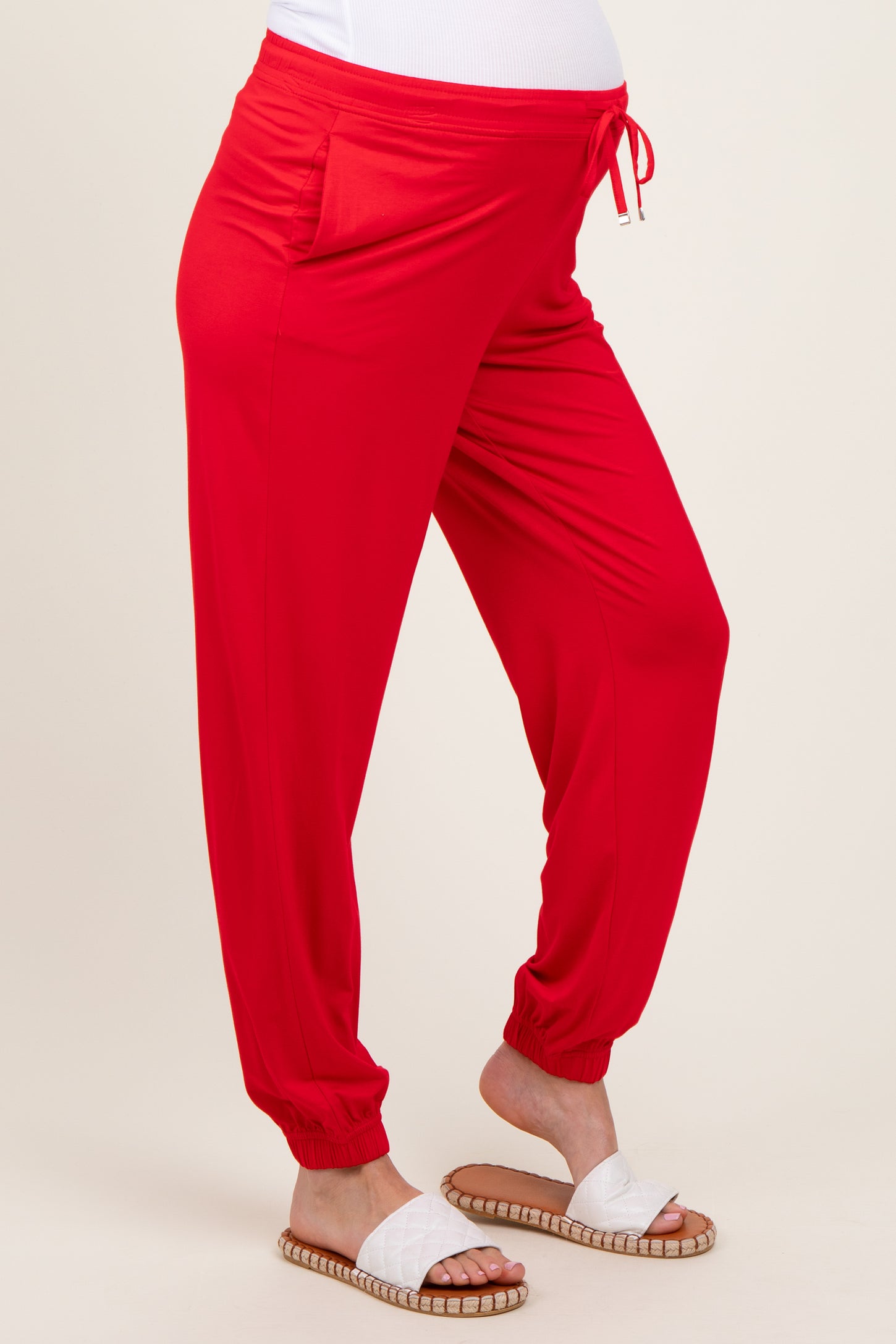 Red Drawstring Maternity Jogger Pants