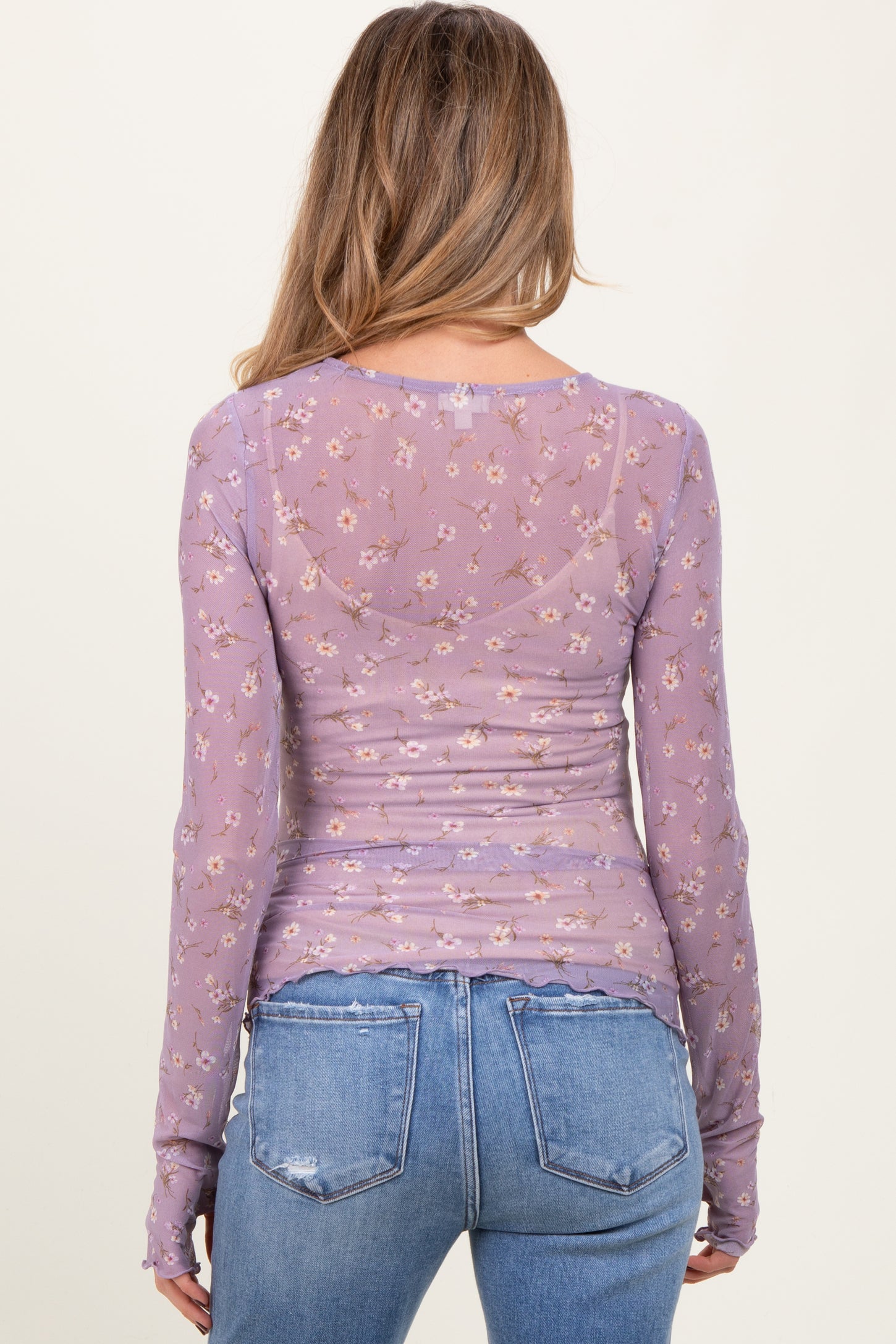 Lavender Ditsy Floral Print Mesh Cabbage Hem Maternity Top