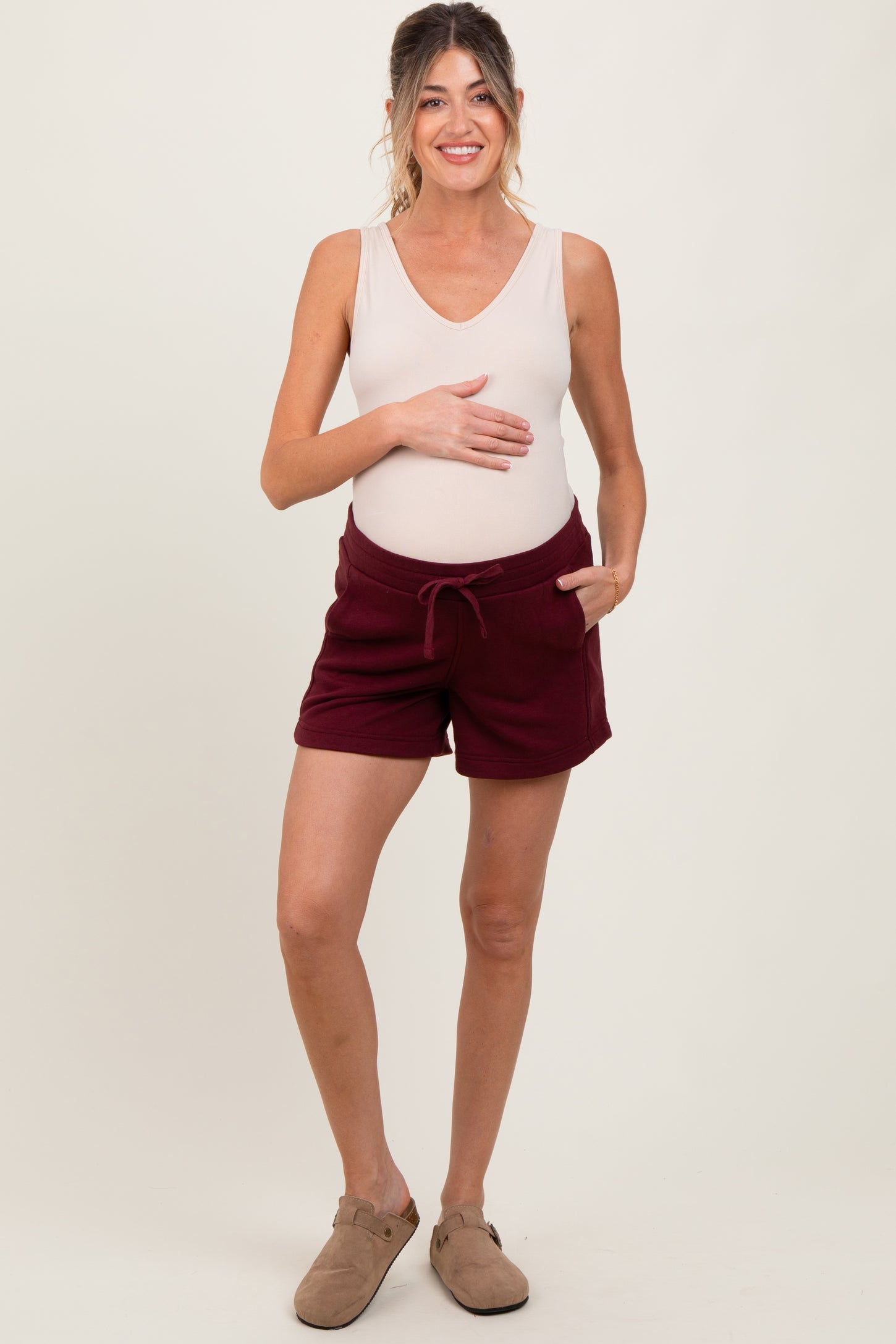 Burgundy Terry Maternity Shorts