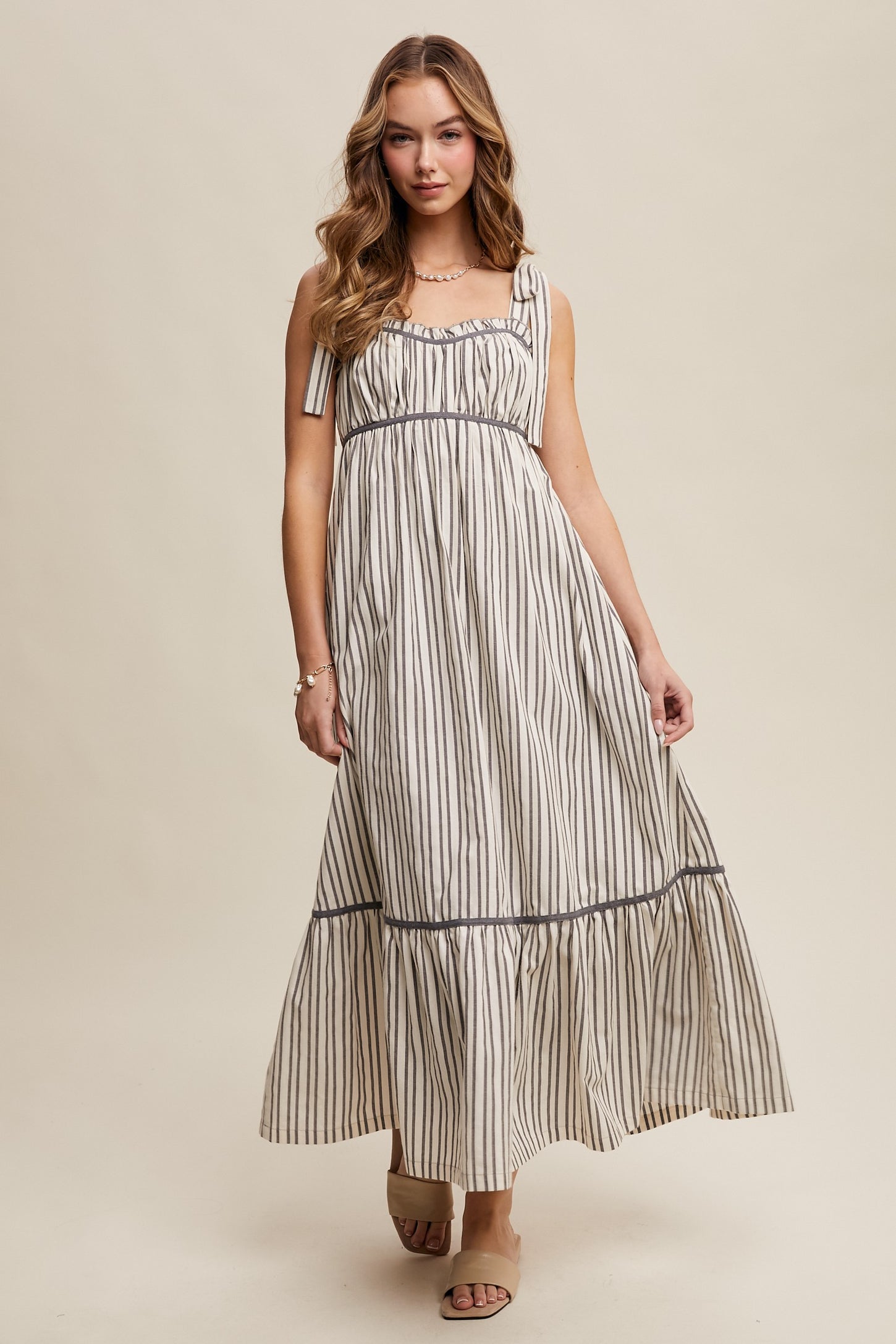 Charcoal Striped Bow-Tie Maternity Maxi Dress