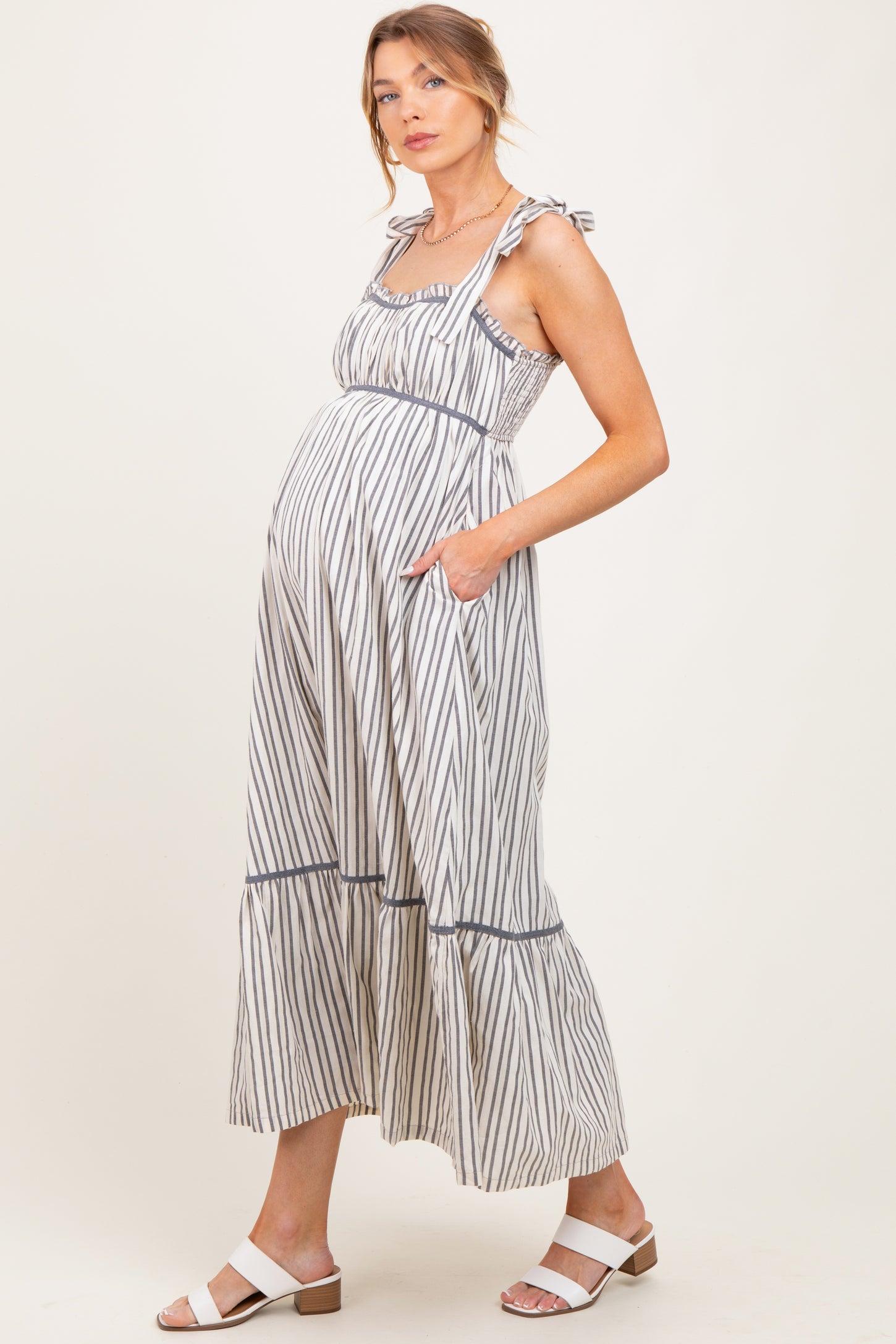 Charcoal Striped Bow-Tie Maternity Maxi Dress