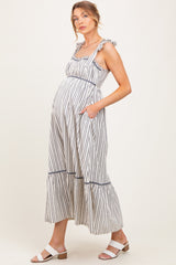 Charcoal Striped Bow-Tie Maternity Maxi Dress