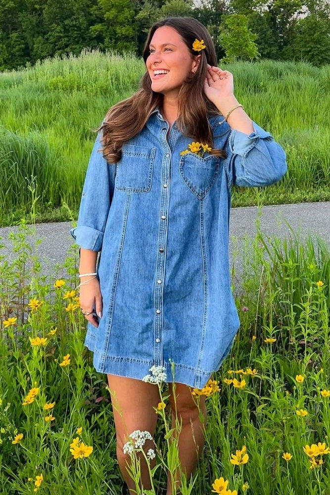 white christmas dresses Blue Denim Heart-Pocket Shirt Dress white christmas dresses Blue Denim Heart-Pocket Shirt Dress