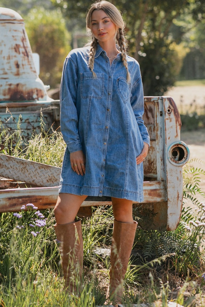 Blue Denim Heart-Pocket Shirt Dress