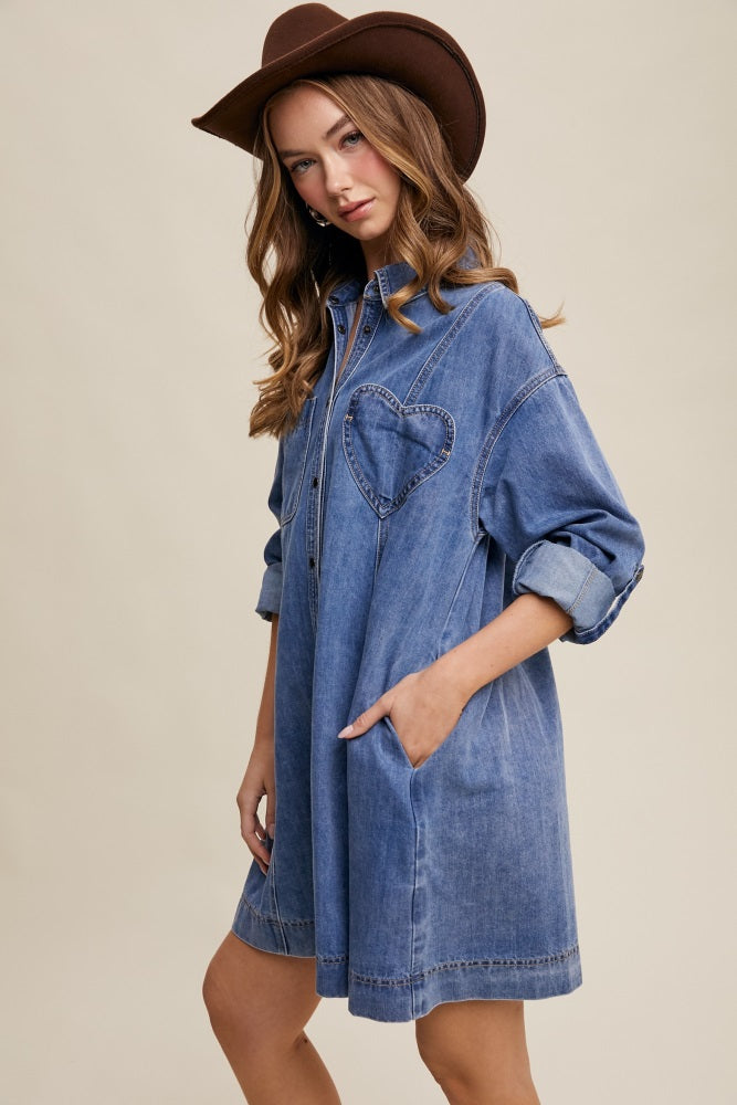 Blue Denim Heart-Pocket Shirt Dress