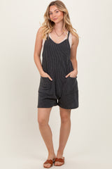 Black Solid Ribbed V-Neck Sleeveless Front Pocket Maternity Romper