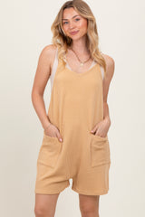 Gold Solid Ribbed V-Neck Sleeveless Front Pocket Maternity Romper