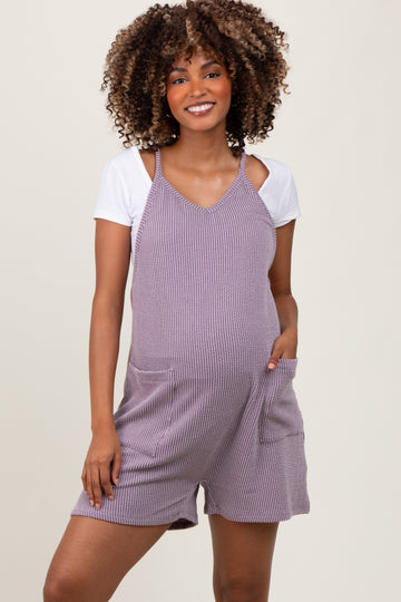 Purple Solid Ribbed V-Neck Sleeveless Front Pocket Maternity Romper