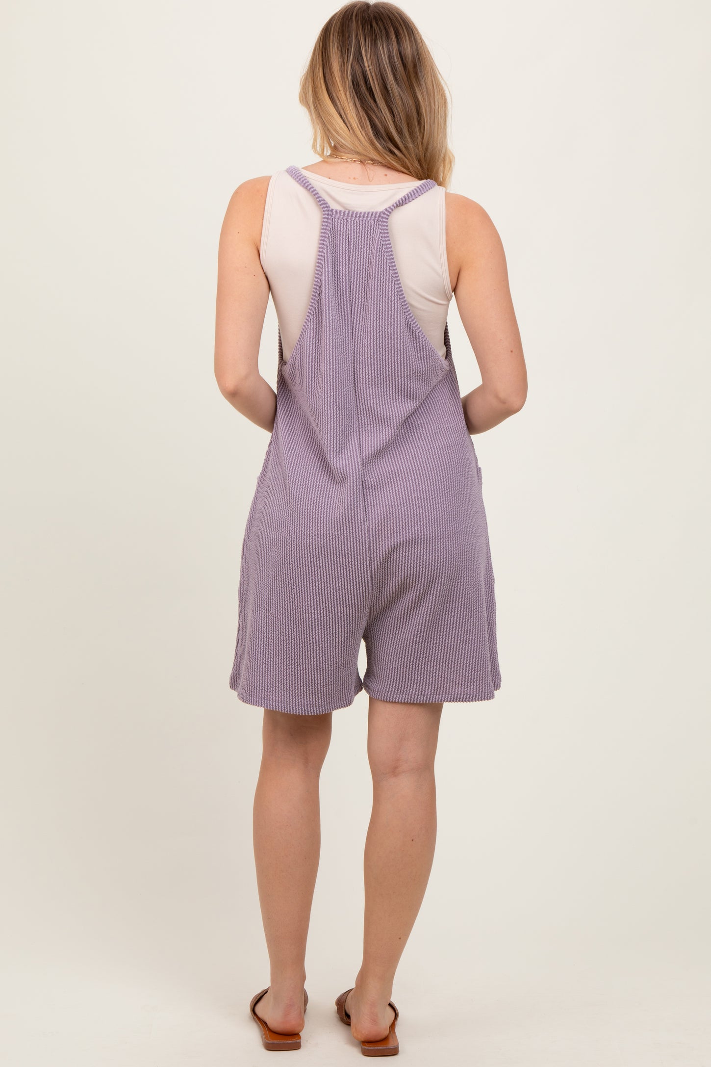 Purple Solid Ribbed V-Neck Sleeveless Front Pocket Romper