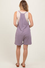 Purple Solid Ribbed V-Neck Sleeveless Front Pocket Romper