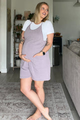 Purple Solid Ribbed V-Neck Sleeveless Front Pocket Maternity Romper