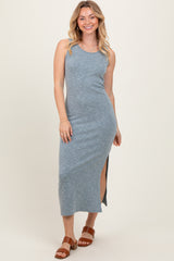 Teal Solid Ribbed Sleeveless Slit Maternity Maxi Dress
