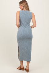 Teal Solid Ribbed Sleeveless Slit Maxi Dress