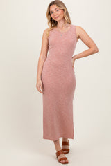 Peach Solid Ribbed Sleeveless Slit Maxi Dress