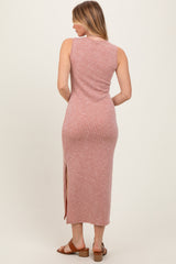 Peach Solid Ribbed Sleeveless Slit Maxi Dress