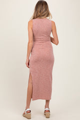 Peach Solid Ribbed Sleeveless Slit Maternity Maxi Dress