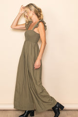 Olive Ruffle Strap Smocked Wide Leg Jumpsuit