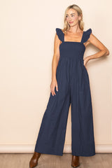 Navy Ruffle Strap Smocked Wide Leg Jumpsuit