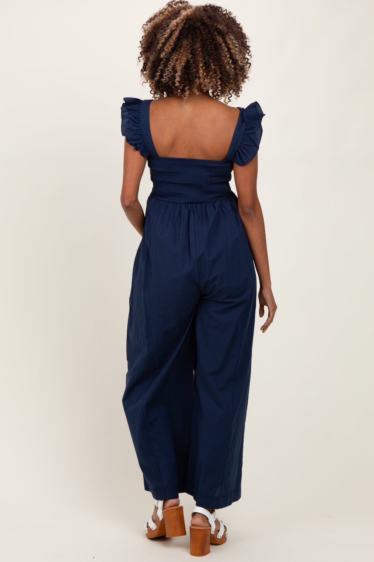 Navy Ruffle Strap Smocked Wide Leg Maternity Jumpsuit